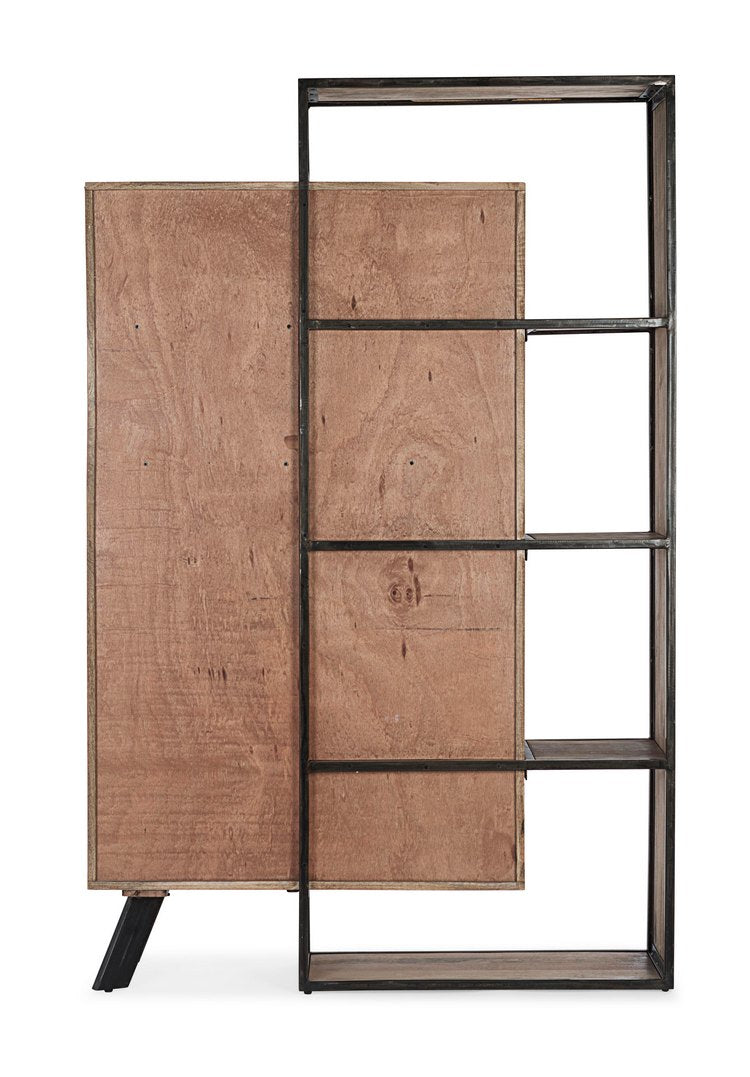 credenza manchester in legno di mango e acciaio nero, 118x38x180 cm, credenza posizionata in ambiente living moderno