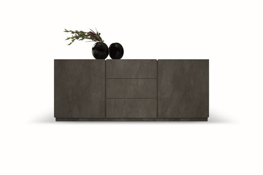 credenza favignana in legno, finitura in acciaio ossidato, piano effetto marmo statuario, 200×50 cm, credenza in legno vista...