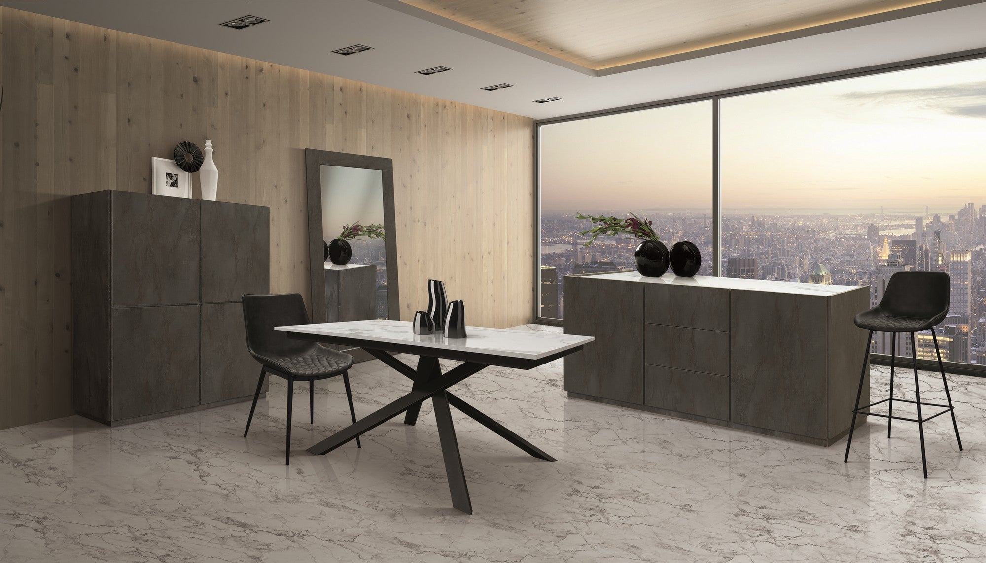 credenza favignana in legno, finitura in acciaio ossidato, piano effetto marmo statuario, 200×50 cm, dettaglio delle ante in...