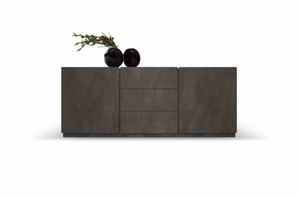 Credenza FAVIGNANA in legno, finitura in acciaio ossidato, piano effetto marmo statuario, 200×50 cm