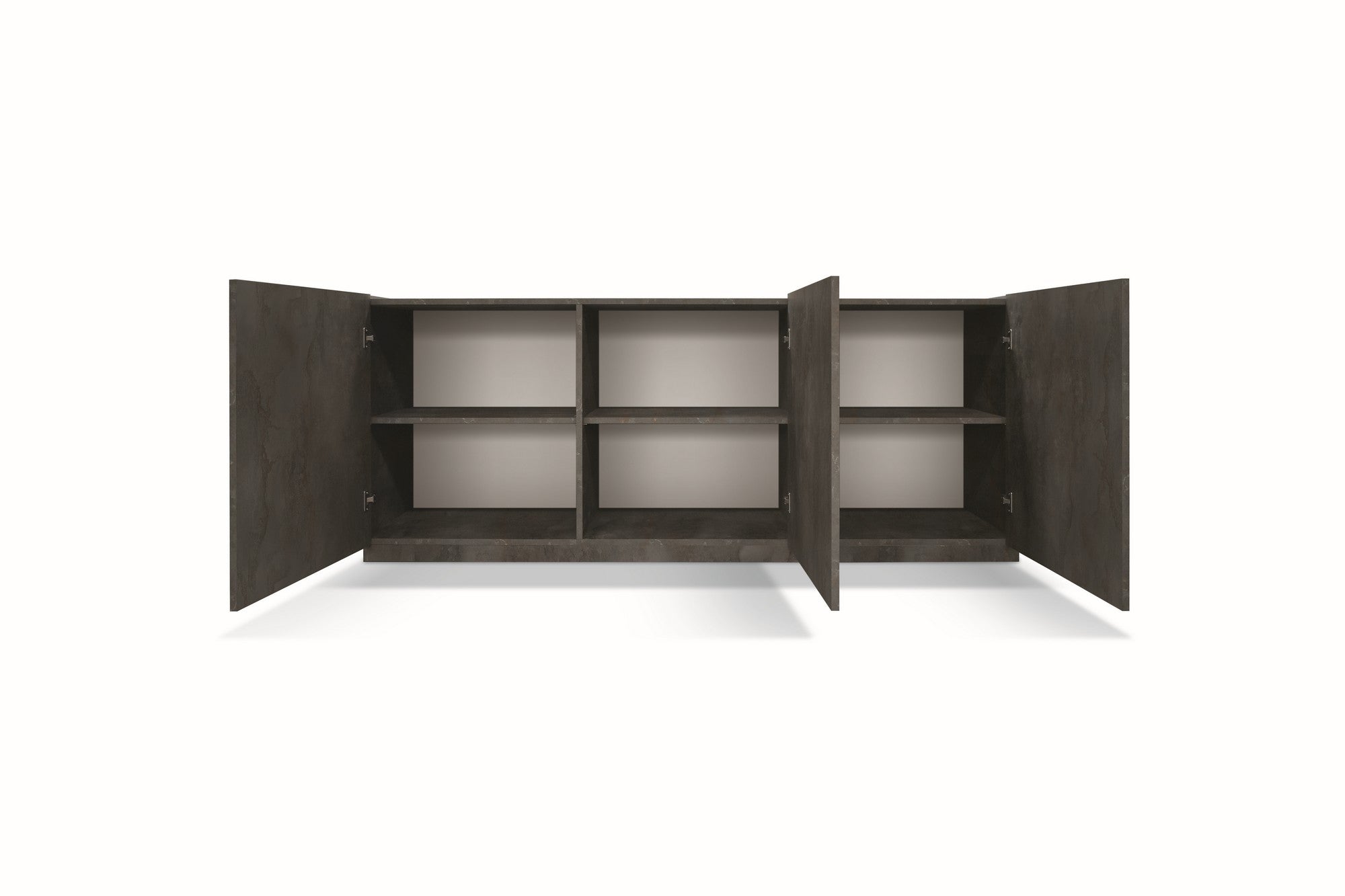 credenza favignana in legno, finitura in acciaio ossidato, piano effetto marmo statuario, 200×50 cm, dettaglio delle ante in...
