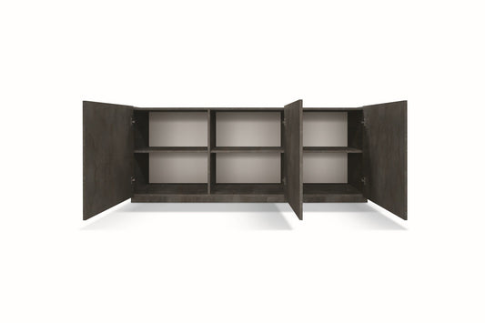 credenza favignana in legno, finitura in acciaio ossidato, piano effetto marmo statuario, 200×50 cm, dettaglio delle ante in...