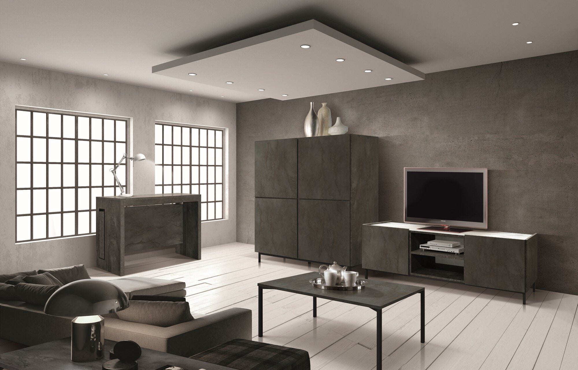 credenza pietrasanta in legno, finitura in acciaio ossidato, piano effetto marmo statuario, 136×50 cm, dettaglio delle ante...