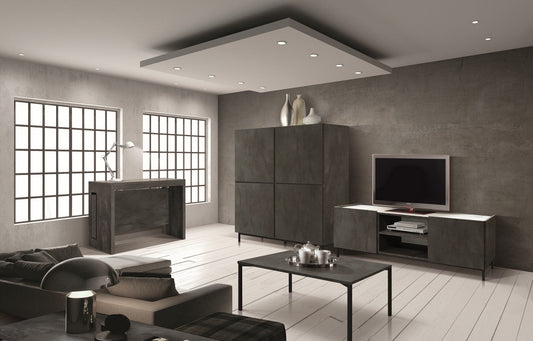 credenza pietrasanta in legno, finitura in acciaio ossidato, piano effetto marmo statuario, 136×50 cm, dettaglio delle ante...