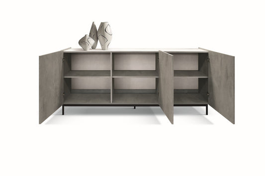 credenza pietrasanta in legno, finitura in grigio cemento, piano effetto marmo statuario, 200×50 cm, dettaglio delle ante in...