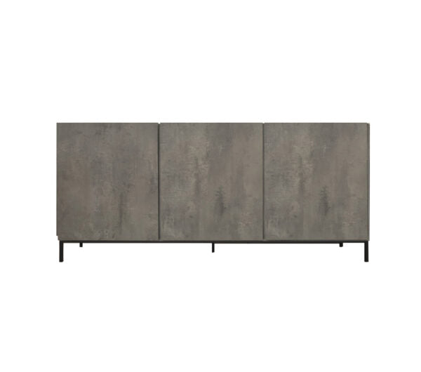 Credenza PIETRASANTA in legno, finitura in grigio cemento, piano effetto marmo statuario, 200×50 cm