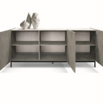 Credenza PIETRASANTA in legno, finitura in grigio cemento, piano effetto marmo statuario, 200×50 cm