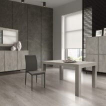 Credenza PIETRASANTA in legno, finitura in grigio cemento, piano effetto marmo statuario, 136×50 cm