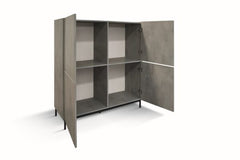 Credenza PIETRASANTA in legno, finitura in grigio cemento, piano effetto marmo statuario, 136×50 cm