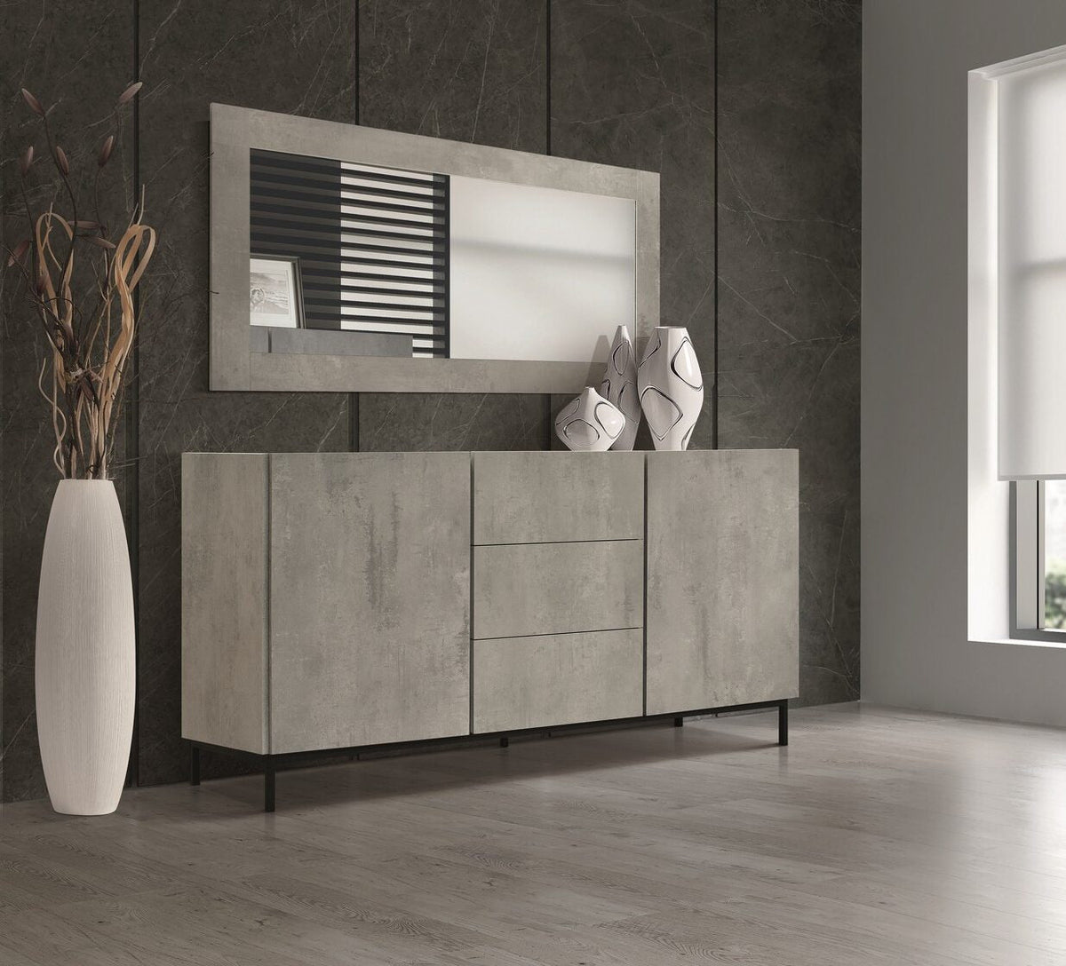 credenza pietrasanta in legno, finitura in grigio cemento, piano effetto marmo statuario, 200×50 cm, credenza in legno vista...