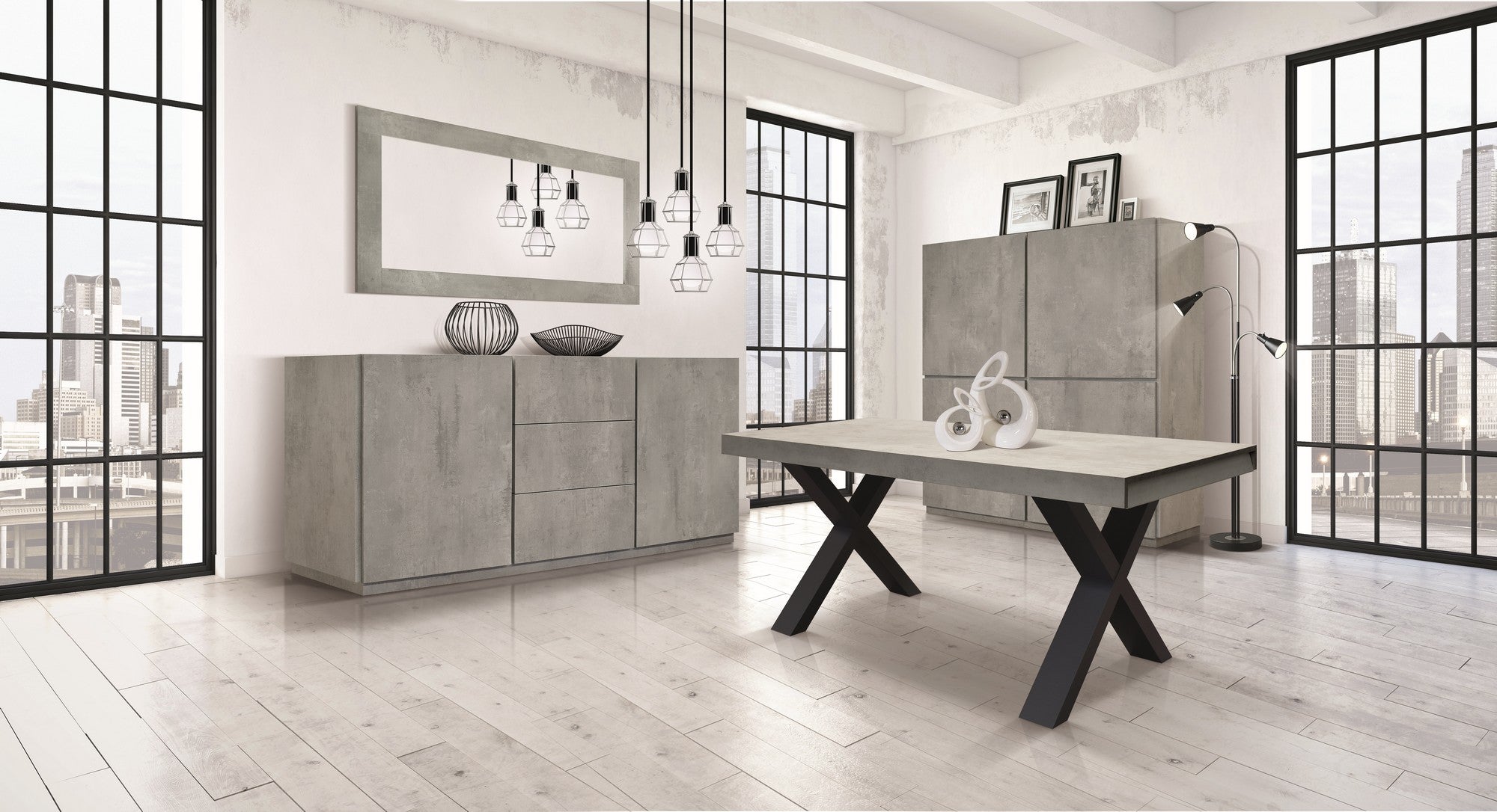 credenza favignana in legno, finitura in grigio cemento, piano effetto marmo statuario, 200×50 cm, dettaglio delle ante in...