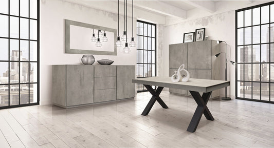 credenza favignana in legno, finitura in grigio cemento, piano effetto marmo statuario, 200×50 cm, dettaglio delle ante in...