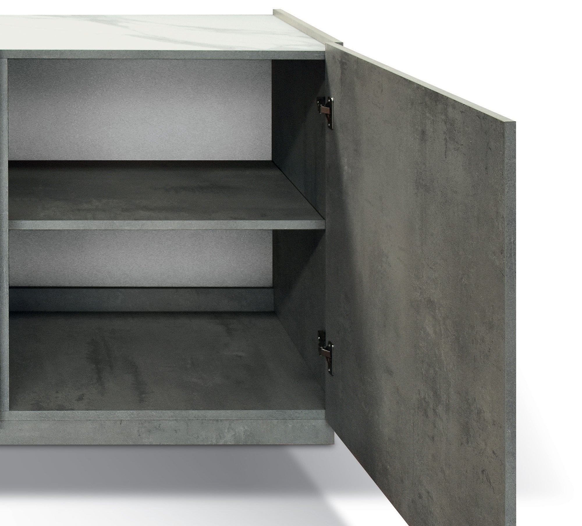 credenza favignana in legno, finitura in grigio cemento, piano effetto marmo statuario, 200×50 cm, dettaglio dei pomelli,...