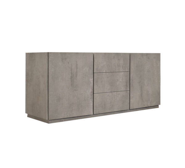 Credenza FAVIGNANA in legno, finitura in grigio cemento, piano effetto marmo statuario, 200×50 cm