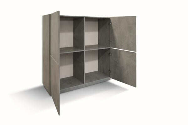 Credenza FAVIGNANA in legno, finitura in grigio cemento, piano effetto marmo statuario, 136×50 cm