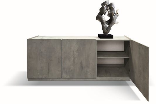 credenza favignana in legno, finitura in grigio cemento, piano effetto marmo statuario, 200×50 cm, dettaglio delle ante in...