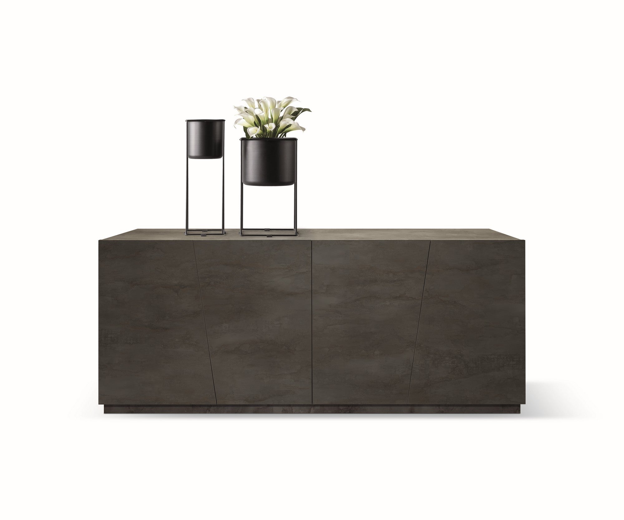 credenza gorgona in legno, finitura in acciaio ossidato, 180×50 cm, credenza in legno vista frontale, perfetta per soggiorni...