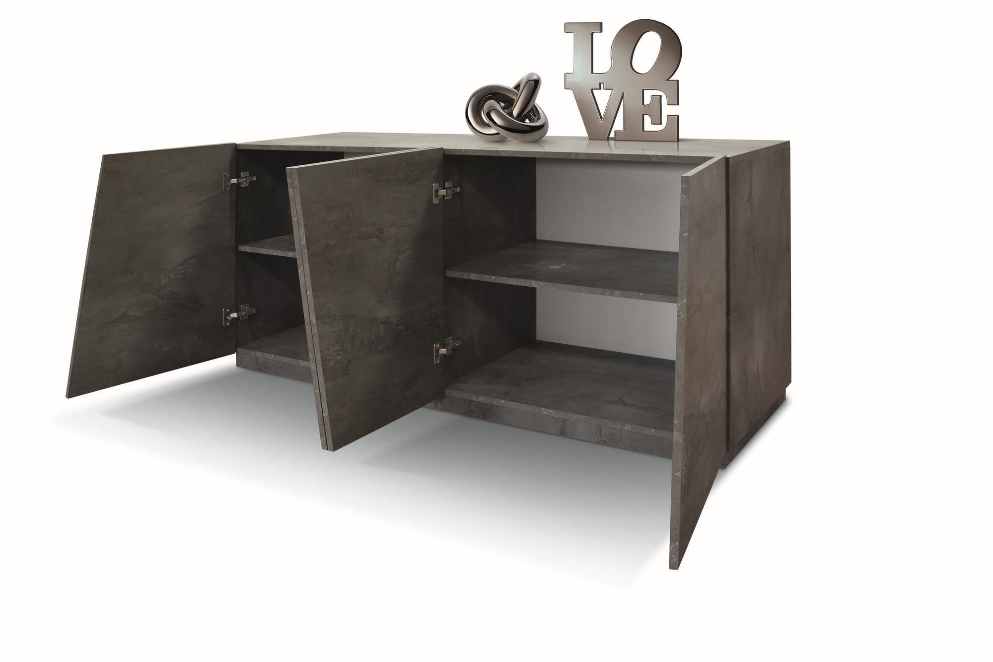 credenza gorgona in legno, finitura in acciaio ossidato, 180×50 cm, dettaglio delle ante in legno e finitura naturale