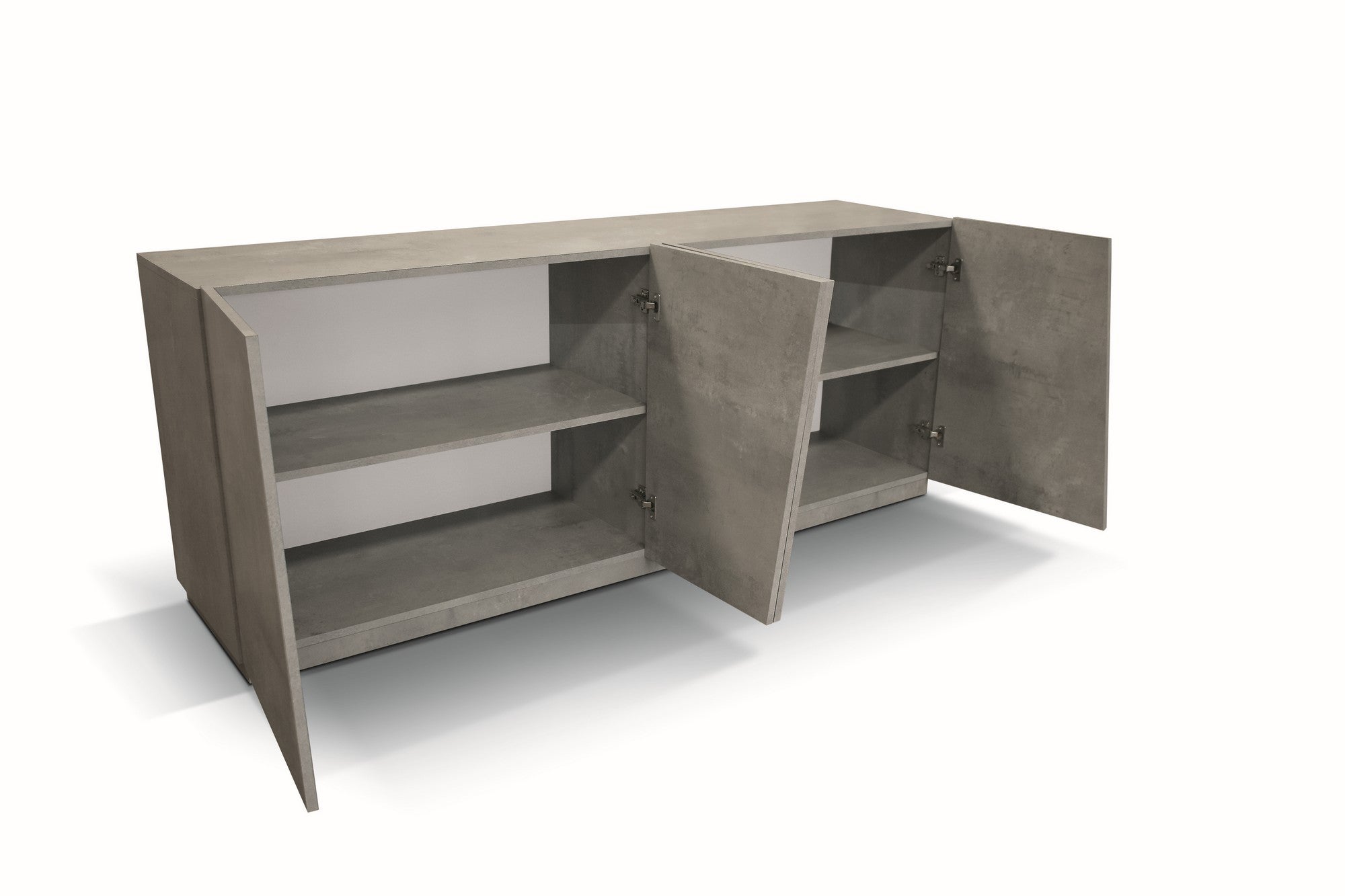 credenza gorgona in legno, finitura in grigio cemento, 180×50 cm, credenza posizionata in ambiente living moderno