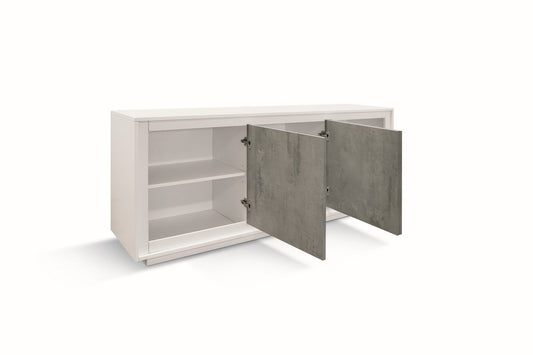 credenza lampedusa in legno bianco frassinato, ante finitura grigio cemento, 180×50 cm, dettaglio delle ante in legno e...