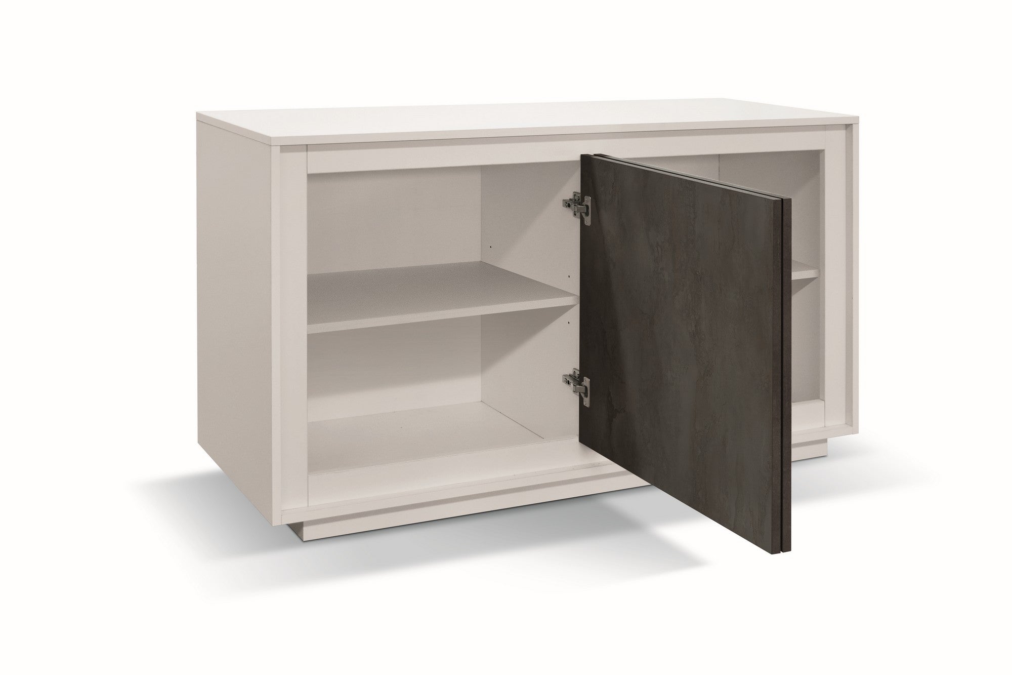 credenza lampedusa in legno bianco frassinato, ante finitura acciaio ossidato, 140×50 cm, dettaglio delle ante in legno e...