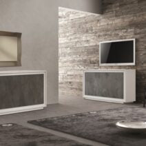 Credenza LAMPEDUSA in legno bianco frassinato, ante finitura acciaio ossidato, 140×50 cm