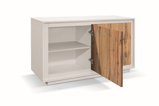 credenza lampedusa in legno bianco frassinato, ante finitura rovere rustico, 140×50 cm, dettaglio delle ante in legno e...