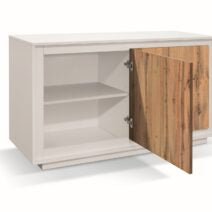 Credenza LAMPEDUSA in legno bianco frassinato, ante finitura rovere rustico, 140×50 cm