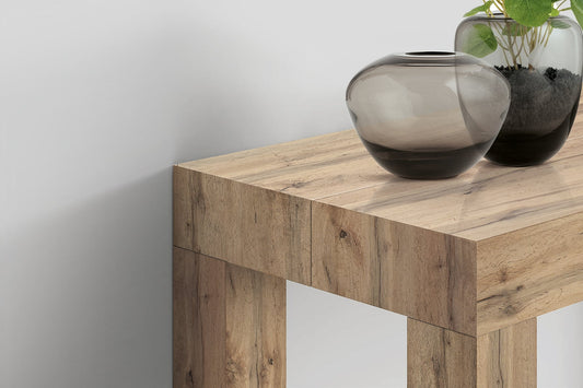consolle allungabile viareggio effetto rovere 90×45 cm – 90×300, dettaglio della struttura e finitura in legno naturale