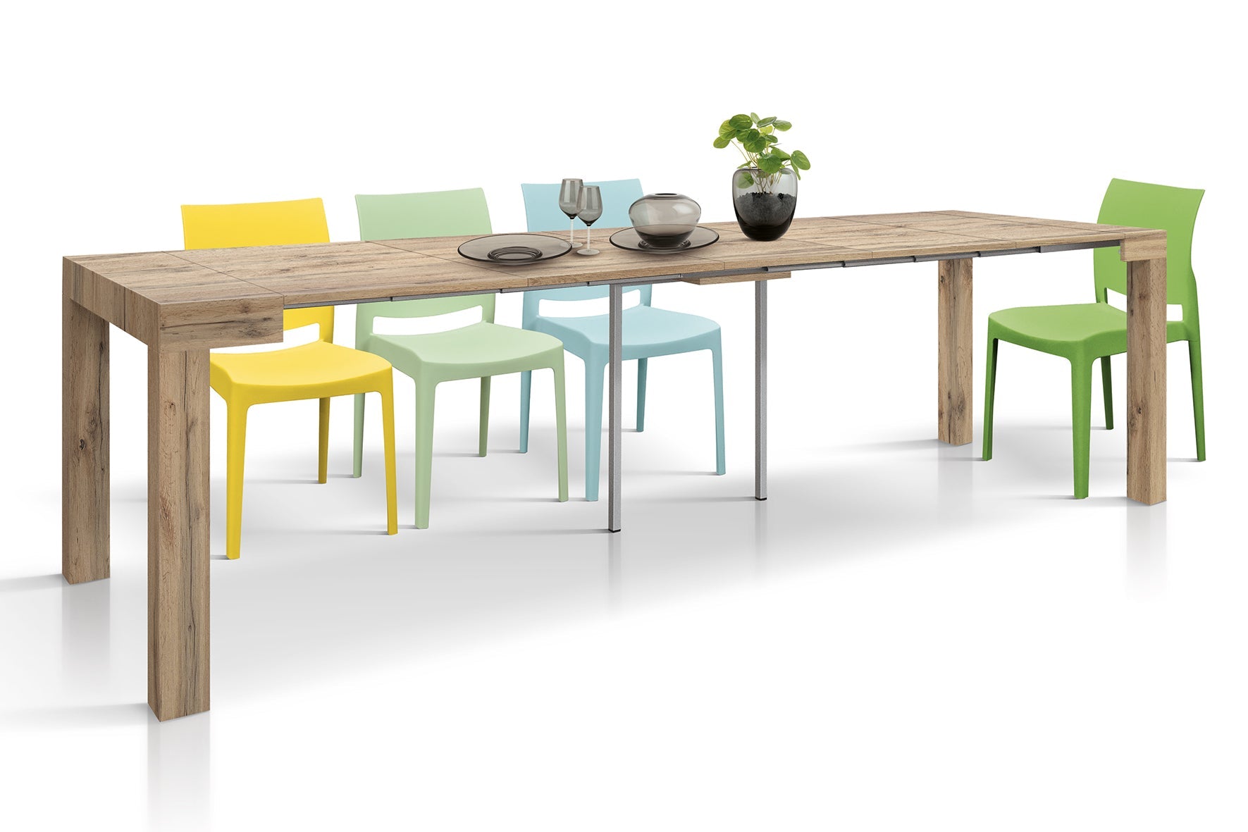 consolle allungabile viareggio effetto rovere 90×45 cm – 90×300, consolle aperta mostrata in ambiente sala da pranzo