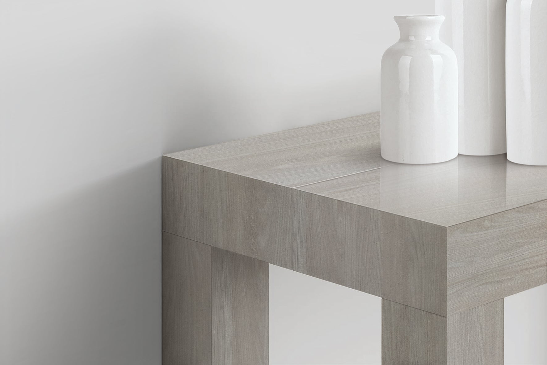 consolle allungabile viareggio effetto olmo perla 90×45 cm – 90×300, dettaglio della struttura e finitura in legno naturale