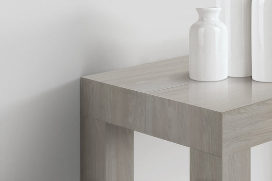 consolle allungabile viareggio effetto olmo perla 90×45 cm – 90×300, dettaglio della struttura e finitura in legno naturale