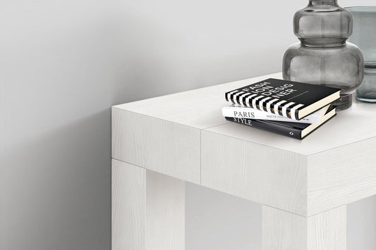 consolle allungabile viareggio effetto bianco frassinato 90×45 cm – 90×300, dettaglio della struttura e finitura in legno...