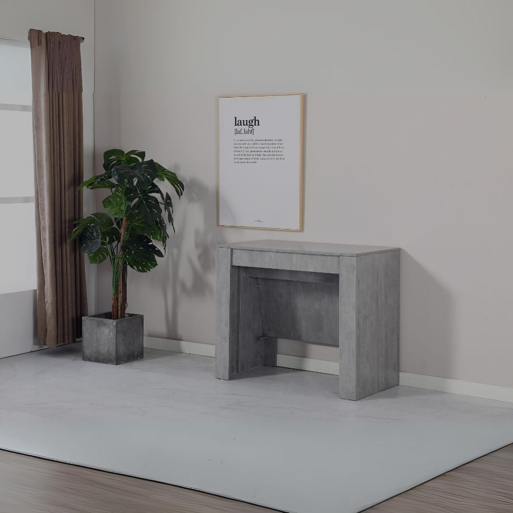 consolle allungabile ofelia colore grigio cemento, consolle allungabile vista frontale, perfetta per spazi piccoli e moderni