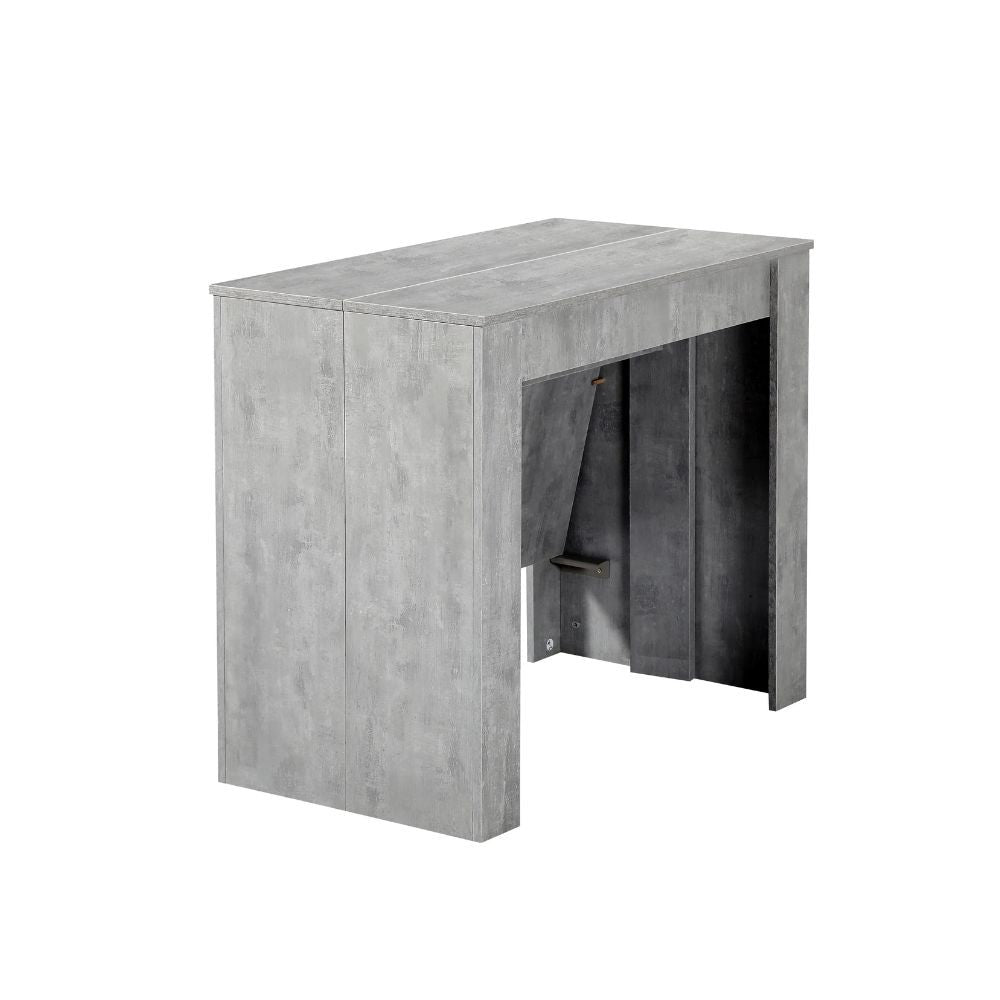 consolle allungabile ofelia colore grigio cemento, dettaglio della struttura e finitura in legno naturale