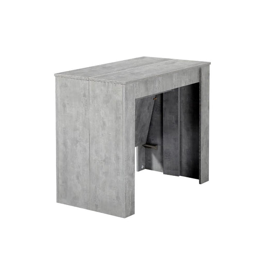 consolle allungabile ofelia colore grigio cemento, dettaglio della struttura e finitura in legno naturale