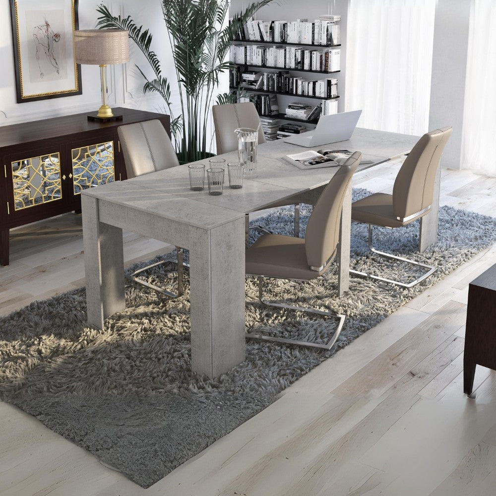 consolle allungabile luka con 4 allunghe colore cemento, dettaglio della struttura e finitura in legno naturale