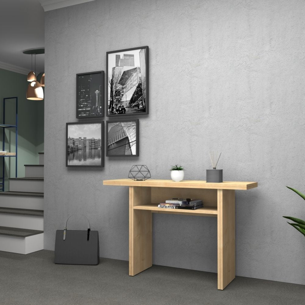 tavolo consolle ripiegabile ikebana rovere 120x35, consolle allungabile vista frontale, perfetta per spazi piccoli e moderni
