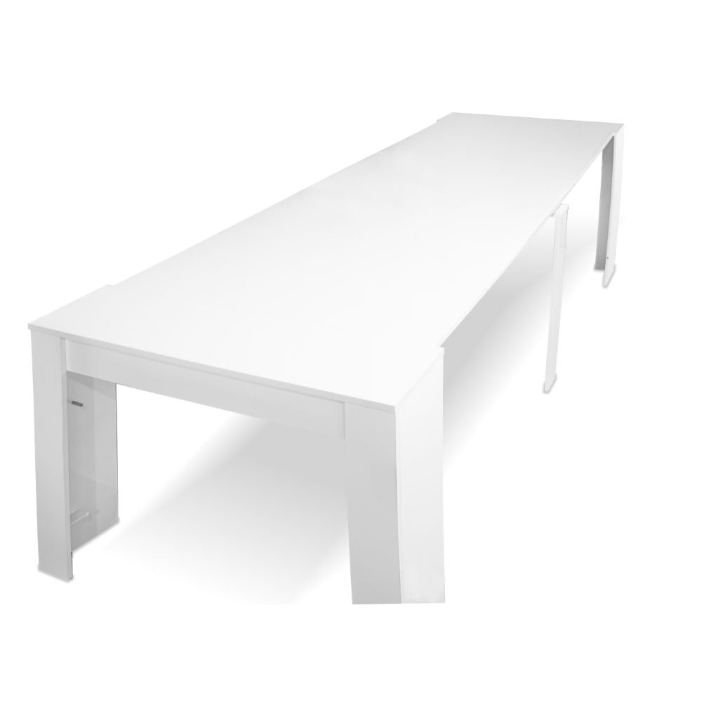 consolle allungabile ofelia colore bianco effetto lucido, ambiente moderno arredato con consolle multifunzione