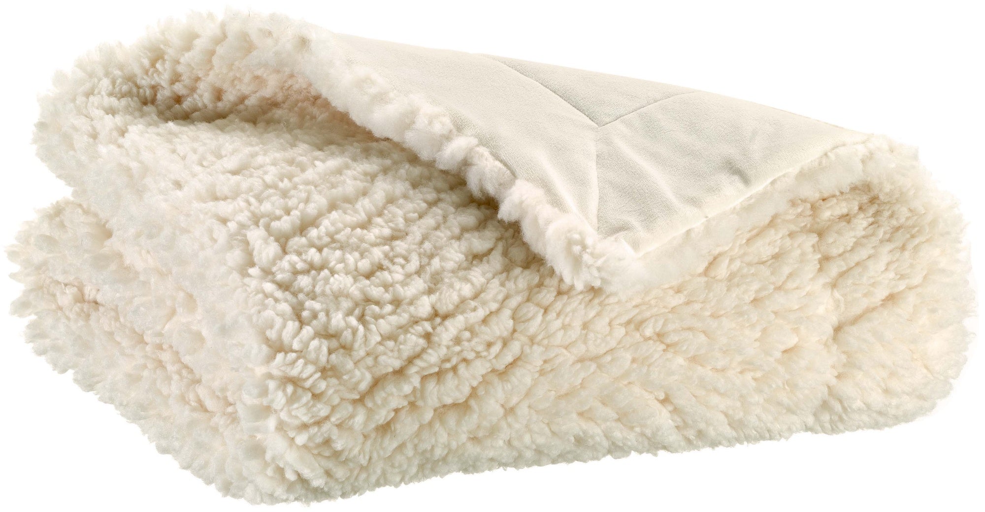 plaid noam neve, colore neve, taglia 140 x 180. vista frontale della coperta piegata su sfondo bianco