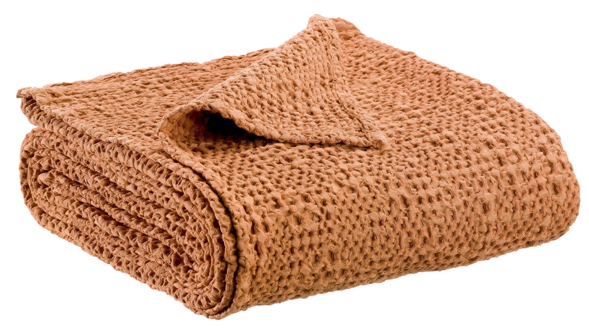 plaid tana spezie, colore spezie, taglia 140 x 200. vista frontale della coperta piegata su sfondo bianco