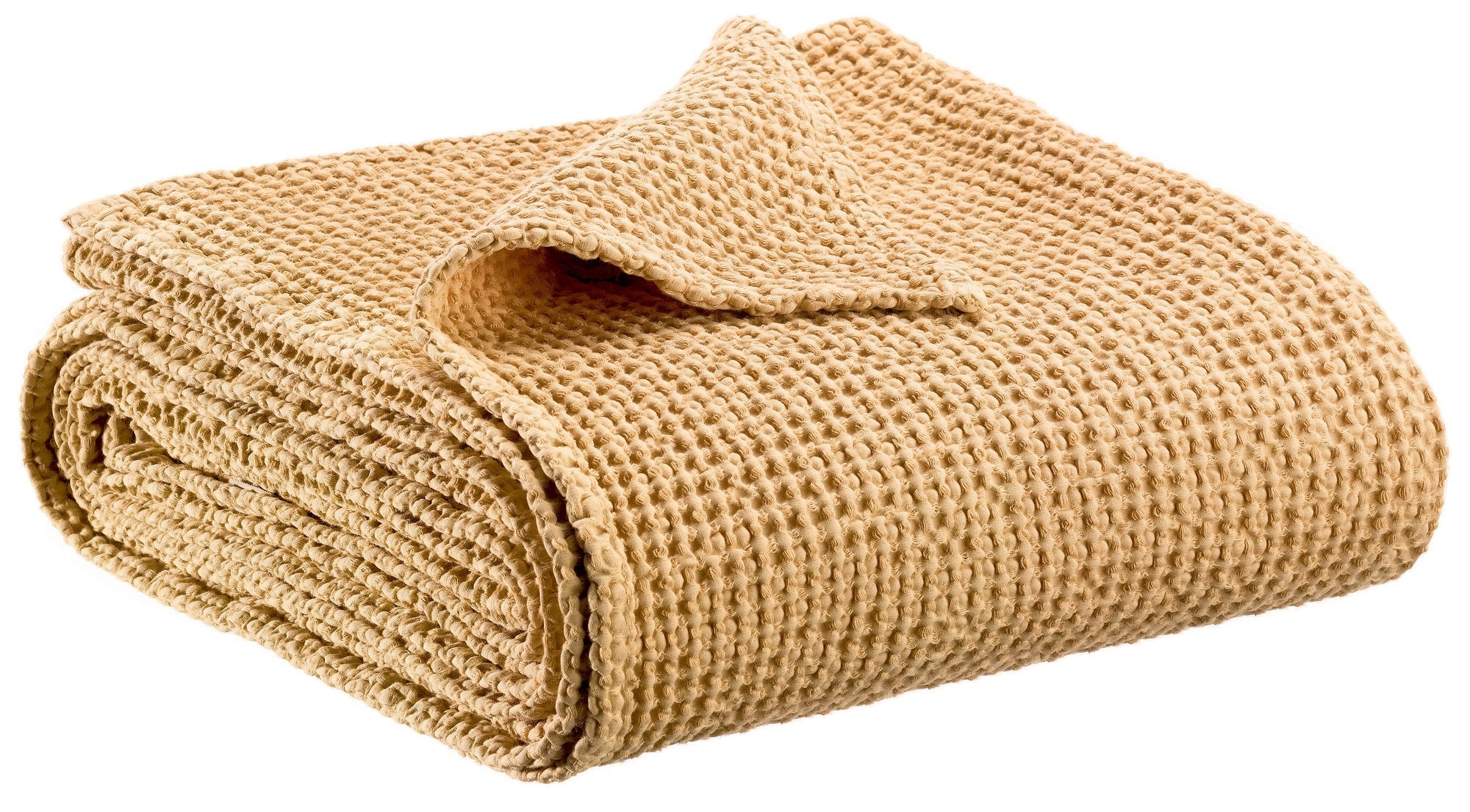 plaid maia sabbia, colore sabbia, taglia 140 x 200. vista frontale della coperta piegata su sfondo bianco