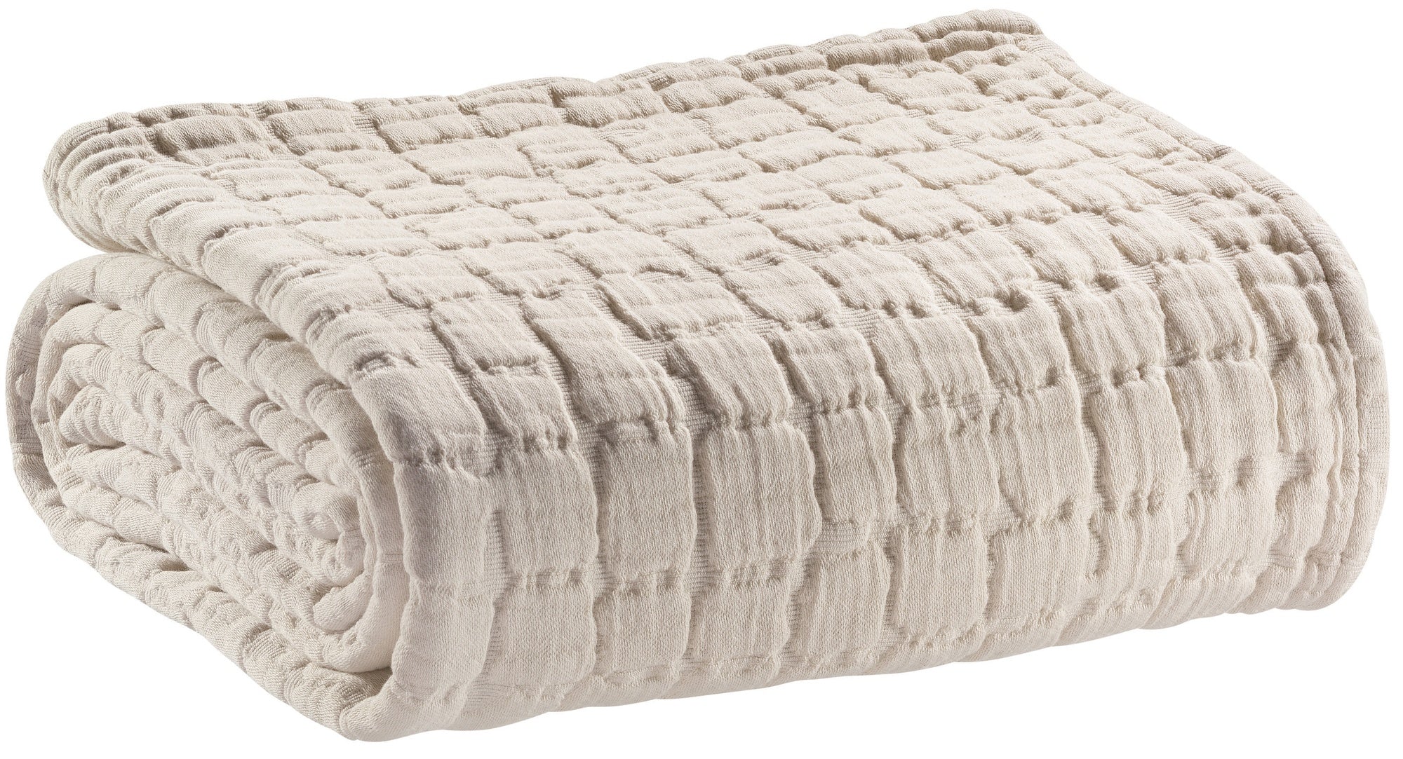 plaid swami lino, colore lino, taglia 130 x 200. vista frontale della coperta piegata su sfondo bianco