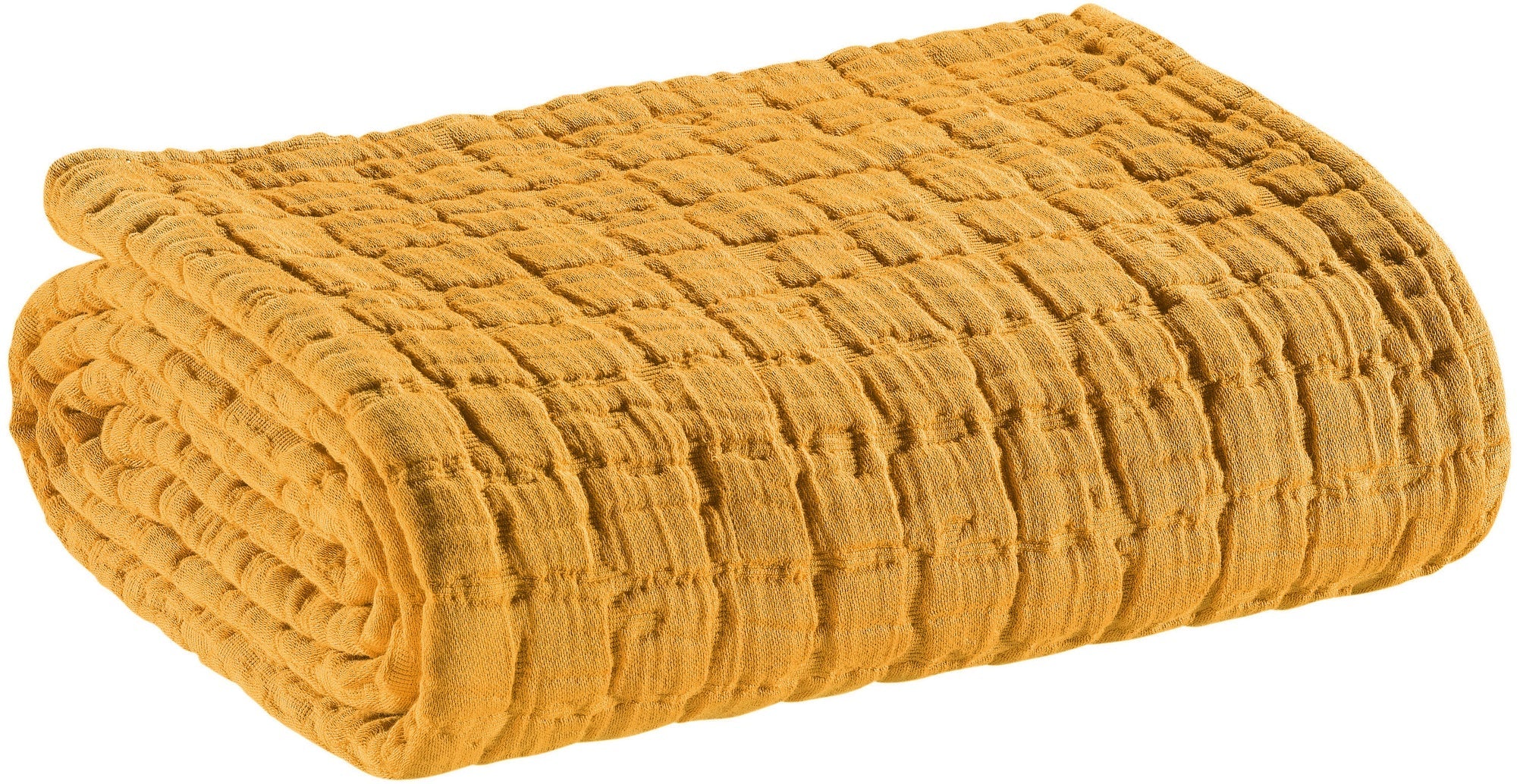 plaid swami zafferano, colore zafferano, taglia 130 x 200. vista frontale della coperta piegata su sfondo bianco