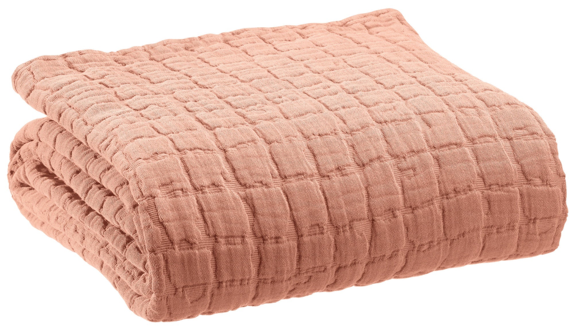 plaid swami argilla, colore argilla, taglia 130 x 200. vista frontale della coperta piegata su sfondo bianco