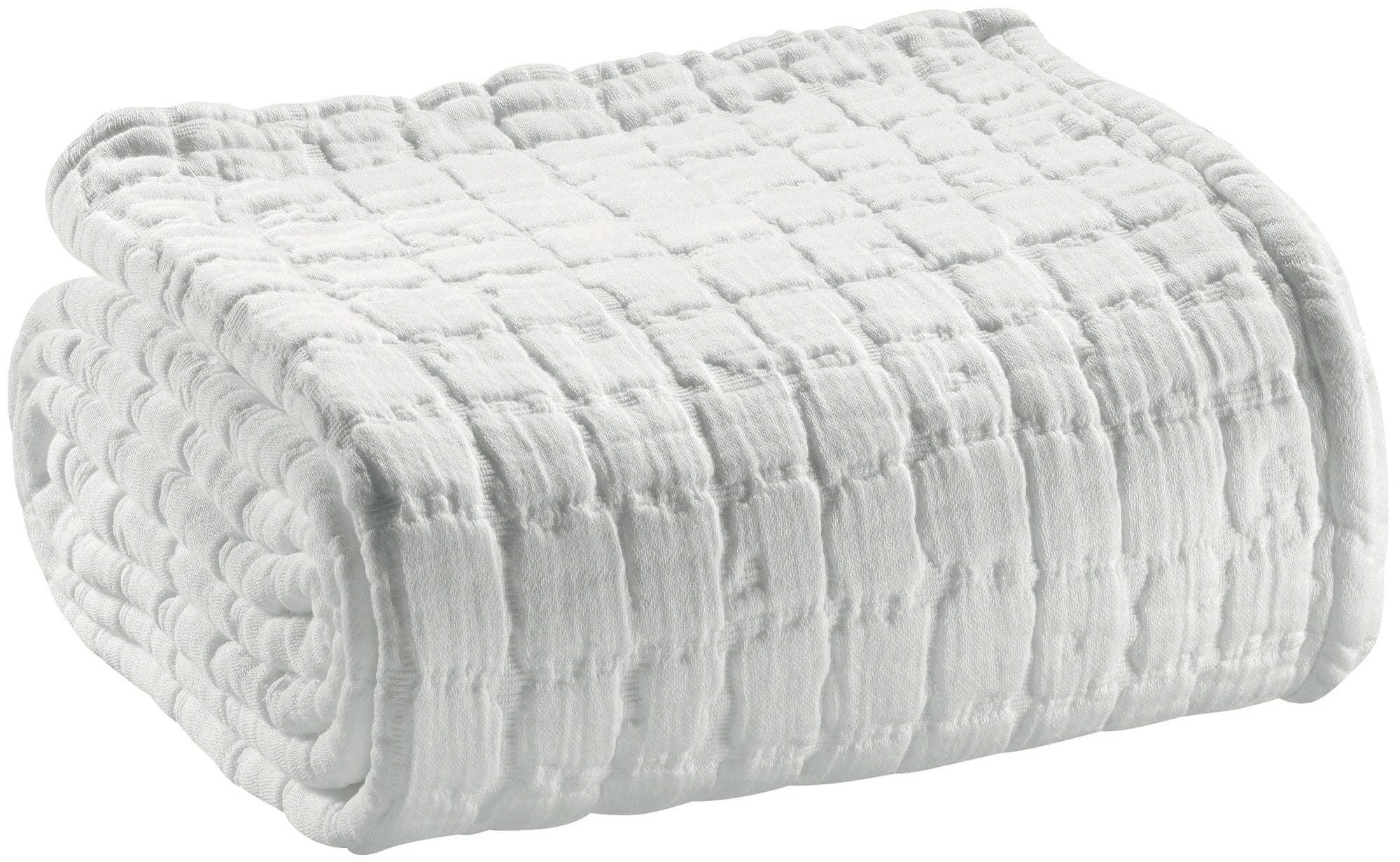 coperta swami bianco, colore bianco, taglia 180 x 260. vista frontale della coperta piegata su sfondo bianco
