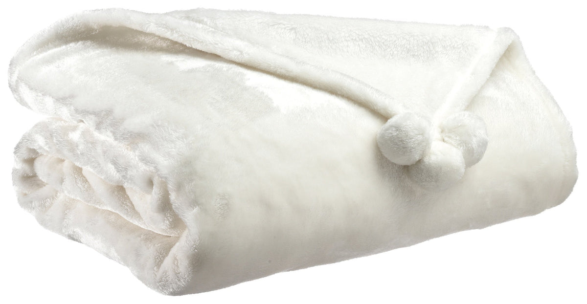 plaid tender pompons neve, colore neve, taglia 130 x 170. vista frontale della coperta piegata su sfondo bianco