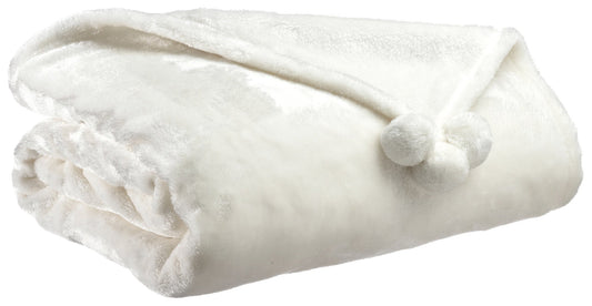 plaid tender pompons neve, colore neve, taglia 130 x 170. vista frontale della coperta piegata su sfondo bianco