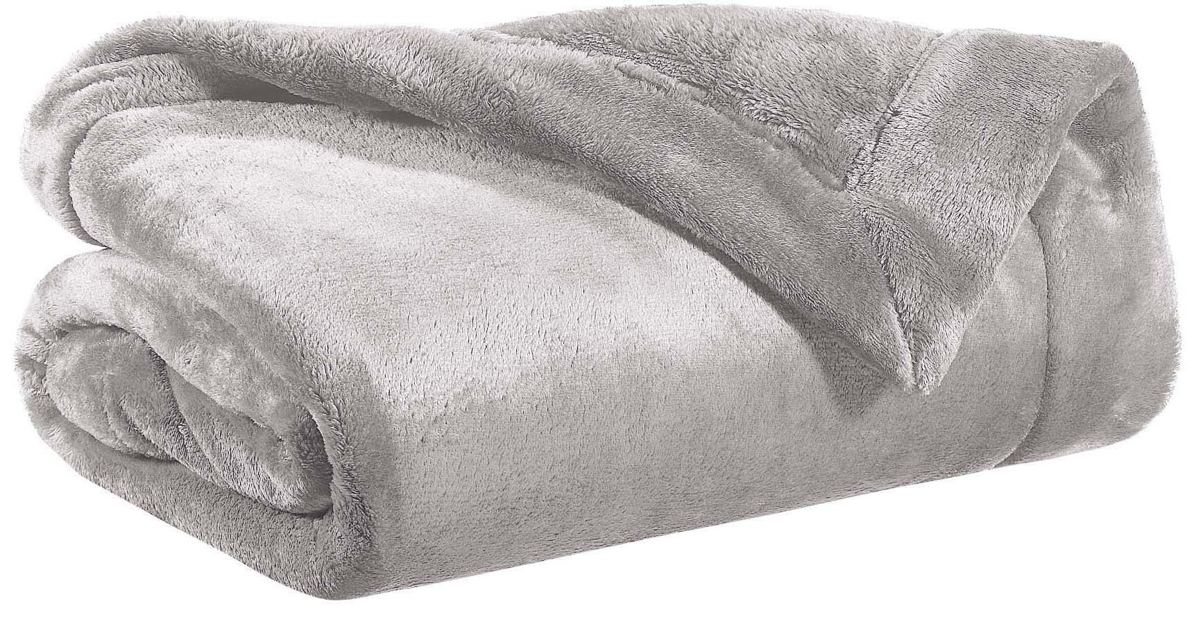 plaid tender perla, colore perla, taglia 150 x 200. vista frontale della coperta piegata su sfondo bianco