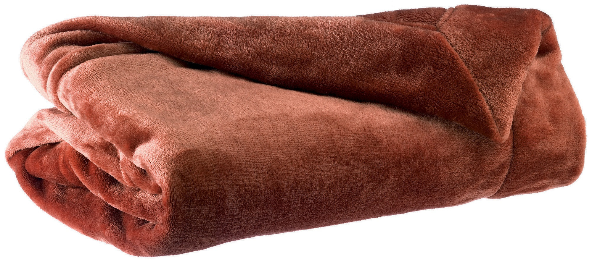 plaid tender caramello, colore caramello, taglia 150 x 200. vista frontale della coperta piegata su sfondo bianco